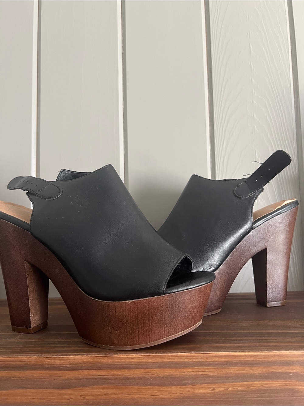 Report Black Leather Peep-Toe Platform Heels with Wood Block Heel